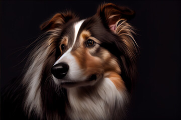 Portrait of a collie dog on a black background. generative ai