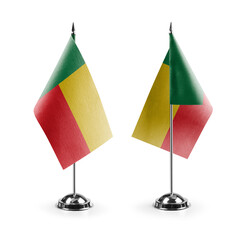 Small national flags of the Benin on a white background