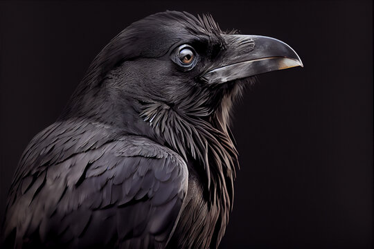 Portrait of a crow on a black background. generative ai