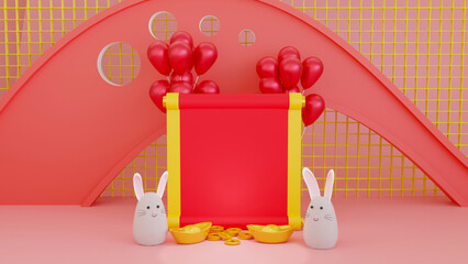 Chinese new year background 2023 with rabbit, Chinese gold coin, scroll copy space text, 3d rendering illustration
