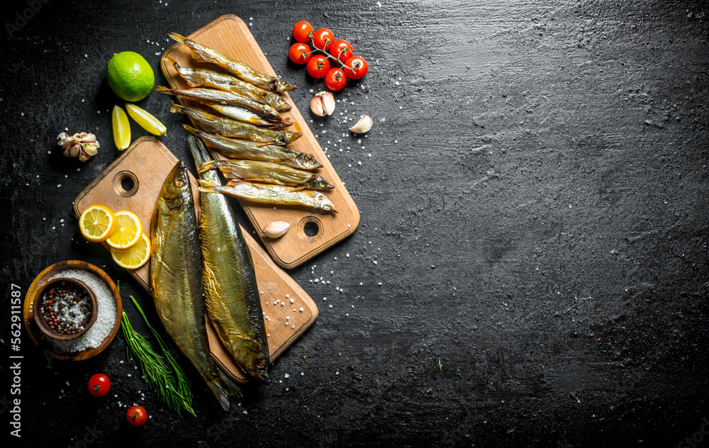 Poster Smoked herring and sprat with lemon, tomatoes and lime.