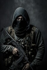 Terrorist holding a weapon in his hands. AI Generated