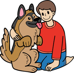 Hand Drawn owner hugs German Shepherd Dog illustration in doodle style