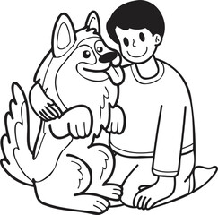 Hand Drawn owner hugs German Shepherd Dog illustration in doodle style