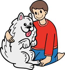 Hand Drawn owner hugs Samoyed Dog illustration in doodle style