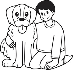 Hand Drawn owner hugs Golden retriever Dog illustration in doodle style