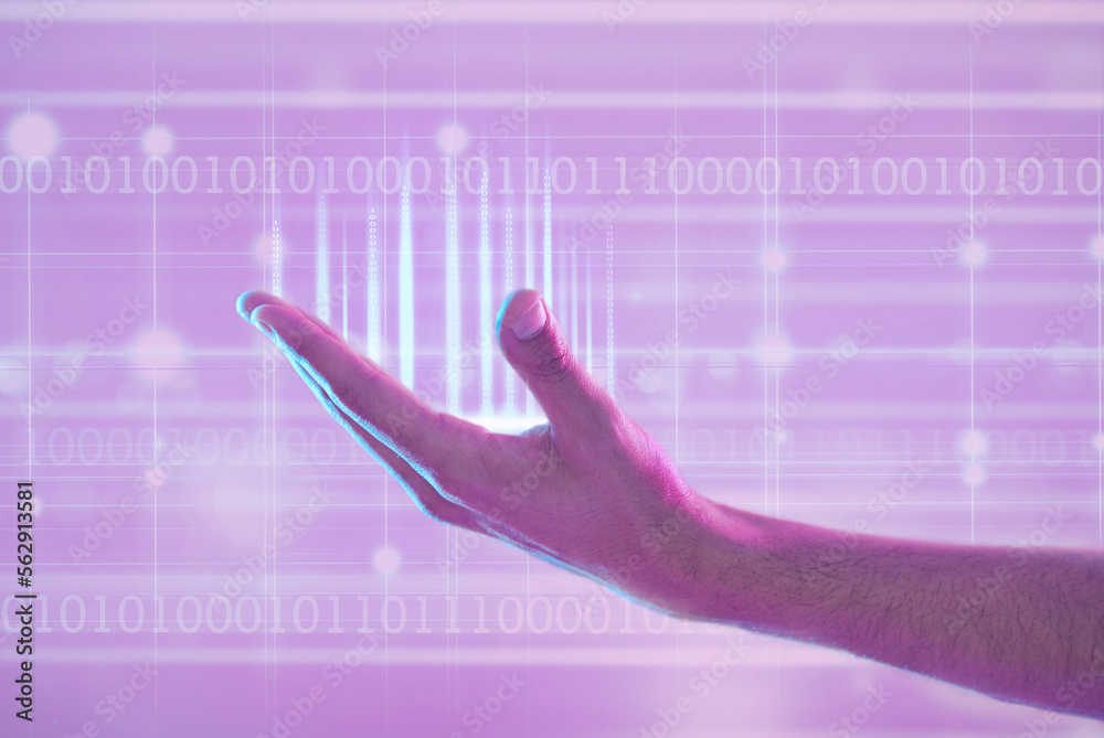 Aufkleber 3d futuristic, hand and man with binary numbers in metaverse cyber world. Augmented reality, digital transformation and male with data, computing hologram or ux, coding or programmer software in palm