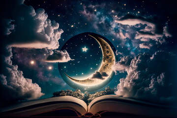 Fairy tale book against the background of the night sky with the moon Generative AI