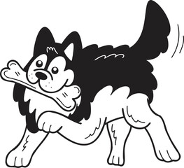 Hand Drawn husky Dog holding the bone illustration in doodle style