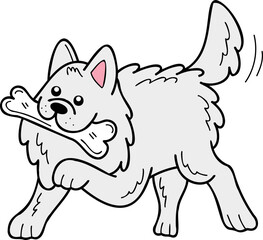 Hand Drawn Samoyed Dog holding the bone illustration in doodle style