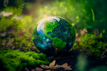 Obraz na płótnie Canvas International Earth Day, small earth on soil in the forest Generative AI