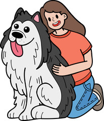 Hand Drawn husky Dog hugged by owner illustration in doodle style