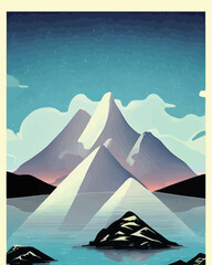 Mountains in the sky with stars. Vector illustration. Retro style. - Art Deco Illustration