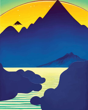 Mountain Landscape With Lake, Clouds, And Yellow Sky. Vector Illustration. - Art Deco Illustration