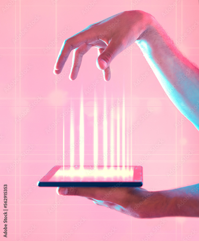 Aufkleber connection, social network and hands with a tablet for ux, communication and internet on a pink back