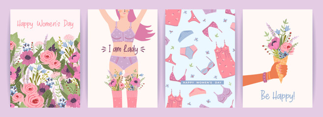 Cards with cute female illustrations. Vector set for Happy Womens Day, 8 march and other