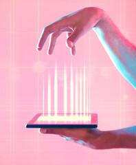 Connection, social network and hands with a tablet for ux, communication and internet on a pink...