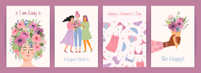 Cards with cute female illustrations. Vector set for Happy Womens Day, 8 march and other