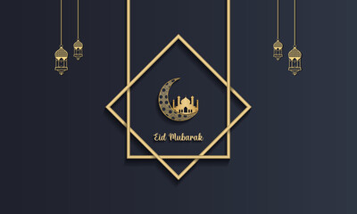 Happy eid mubarak, islamic greeting card dark and gold color design background with islamic modern ornament