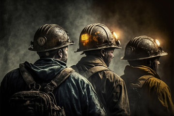 Group of mine workers wearing hardhats and helmets standing in a mine, generative ai