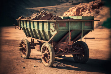 Old rusty wagon for an underground mine, generative ai