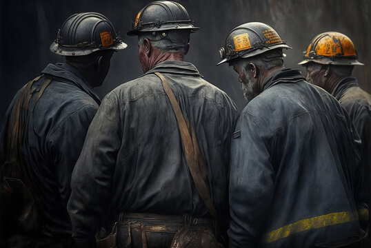 Group of mine workers wearing hardhats and helmets standing in a mine, generative ai