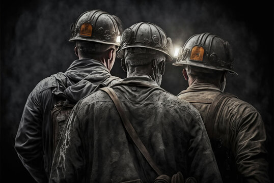 Group of mine workers wearing hardhats and helmets standing in a mine, generative ai