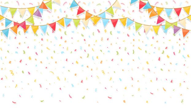 Background with colorful bunting flags and confetti