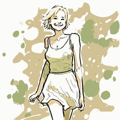 An illustration of a cheerful blonde woman in a skirt, exhibiting a bright smile. Perfect for conveying joy and positivity in content.