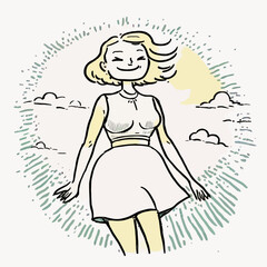 Joyful woman with blonde hair wearing a skirt, standing alone and smiling. Ideal for projects involving happiness and positive vibes.