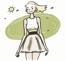 A cheerful, beaming blonde girl in a skirt stands out against an isolated backdrop. Perfect for conveying joy and positivity in any project.