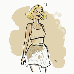 A cheerful, beautiful blonde girl isolated in a vector illustration. She's wearing a skirt and has a happy smile. Perfect for conveying a sense of joy and delight.