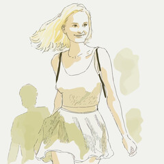 Energetic blonde woman, clad in a skirt and smiling joyfully. Ideal for capturing the sense of adventure and life.