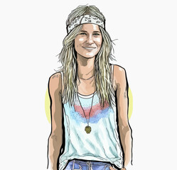 Cool, liberated blonde hippie woman in vector illustration. She's dynamic, attractive and free-spirited, perfect for conveying an adventurous vibe.
