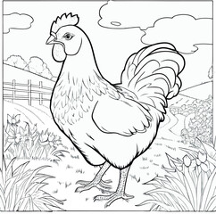 rooster in a farm coloring book
