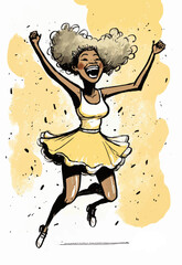 Joyful African woman celebrates with a jubilant yell and exuberant leap - perfect for illustrating positive emotions and feminine power.