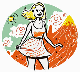 Illustration of a beautiful young woman walking alone in a mountain landscape. Vector illustration.