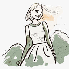 Illustration of a beautiful young woman walking alone in a mountain landscape. Vector illustration.