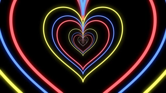 Colorful glowing neon-like heart tunnel background for Valentine's Day, Mother's Day, and Romantic motion graphic background in 4K resolution. Infinite Heart Tunnel. 4K seamless looping bg.

