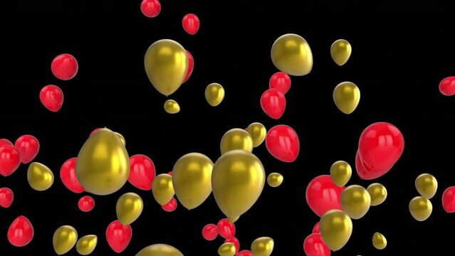 Animation of purple light trails over red and gold balloons on black background