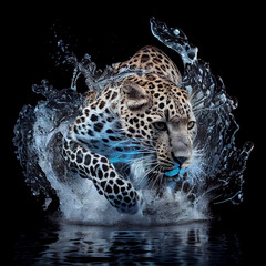 Fototapeta na wymiar Leopard in Water, AI