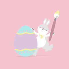 Obraz na płótnie Canvas happy easter festival with animal pet bunny rabbit, paintbrush and egg, pastel color, flat vector illustration cartoon character