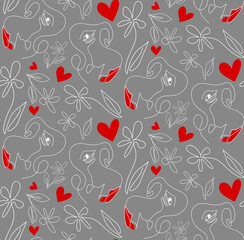 Abstract One Line Drawing Woman Faces Lips and Red Hearts Seamless Vector Pattern Isolated Background