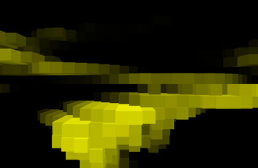 3d cube shape and abstract pattern in yellow and black color blends. on horizontal black background. space for text