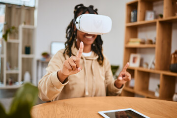 Virtual reality, vr metaverse and black woman pointing at cyber dashboard, augmented reality or future ai. Digital transformation, futuristic software study and creative student working with headset