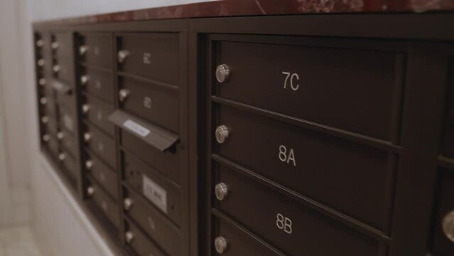 New York Apartment Mailboxes.  Gimbal tracking forward. 60 FPS.