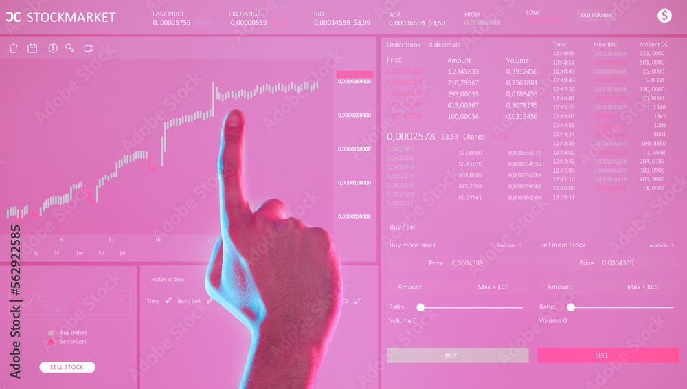 Aufkleber hand, dashboard ui and man with stock market, trading or investment app. ux, data and male with pink