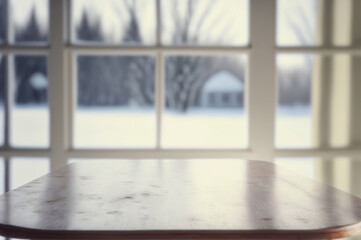 Fototapeta na wymiar white Wooden table top on blurred background of cozy winter season window
