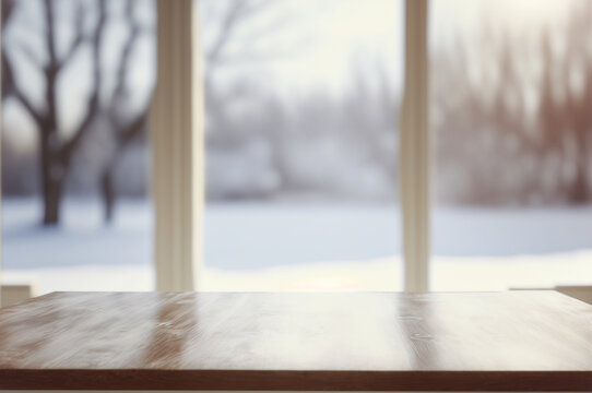 white Wooden table top on blurred background of cozy winter season window