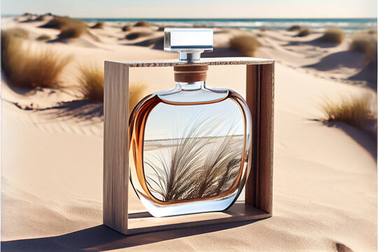 transparent spray bottle of perfume close up backdrop of sea in sun. Presentation of unisex perfumes in sea environment.